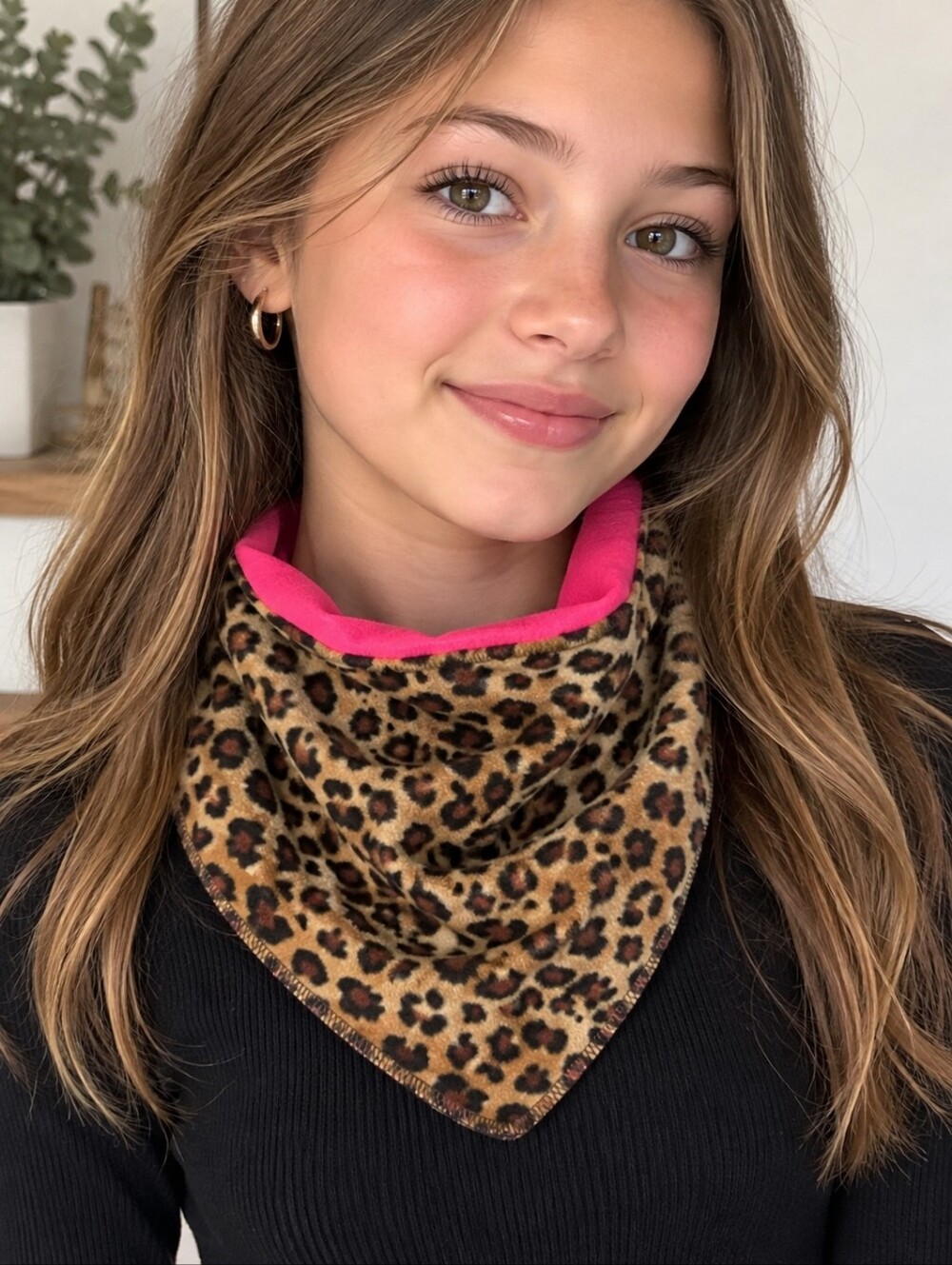 Scarf,Girls' Leopard Print  with Hot Pink Lining Handmade From Recycled Fabric